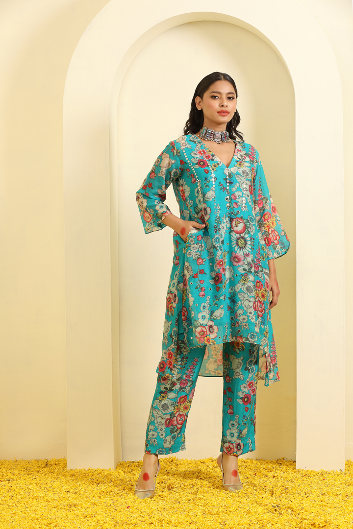 Turquoise Printed Hand Embroidered Chanderi Coord Set - Set of 3