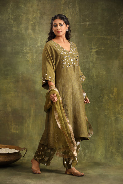 Mehndi Green Crushed Tissue Mirror work Suit Set