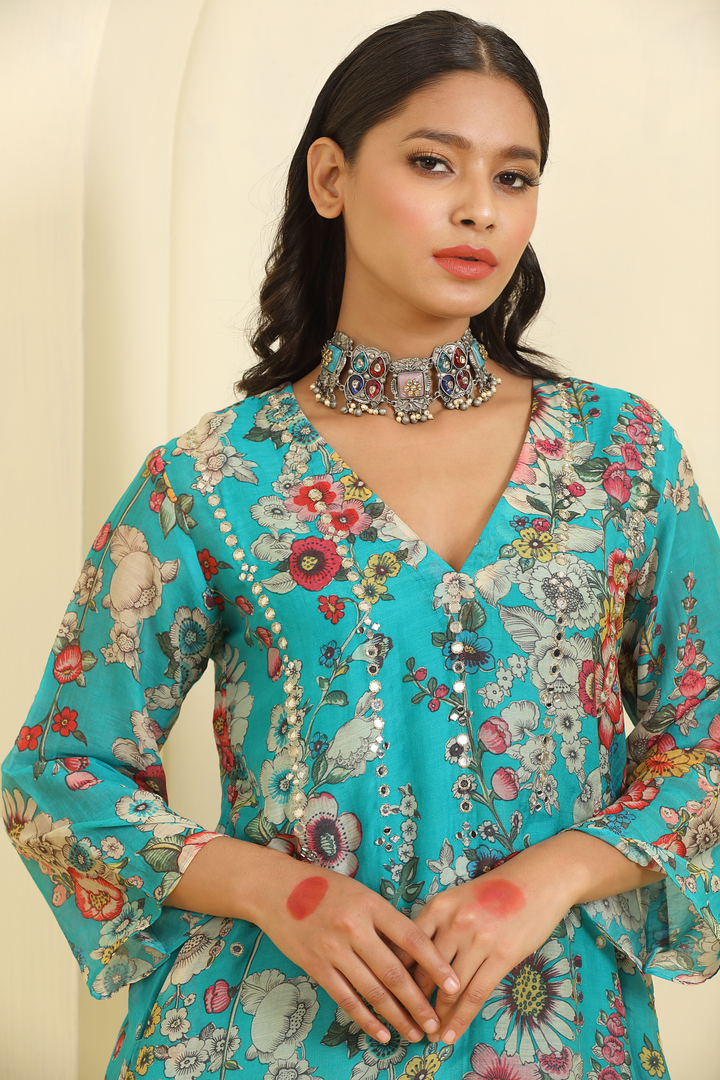 Turquoise Printed Hand Embroidered Chanderi Coord Set - Set of 3