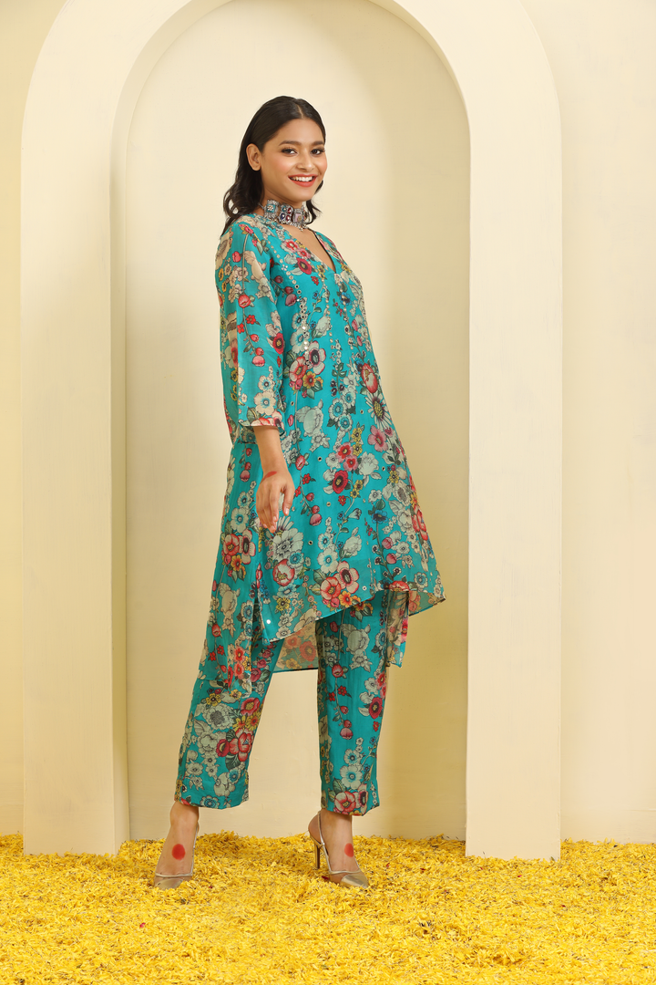 Turquoise Printed Hand Embroidered Chanderi Coord Set - Set of 3