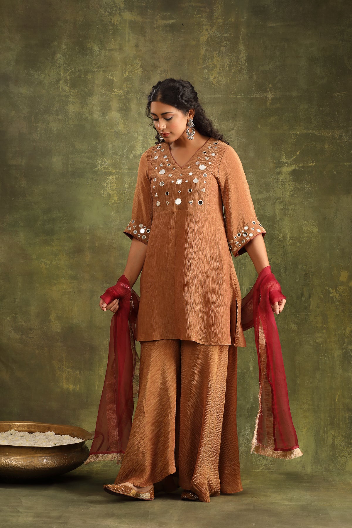 Rust Brown Crushed Tissue Mirror work Sharara Set