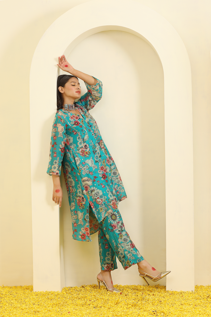 Turquoise Printed Hand Embroidered Chanderi Coord Set - Set of 3