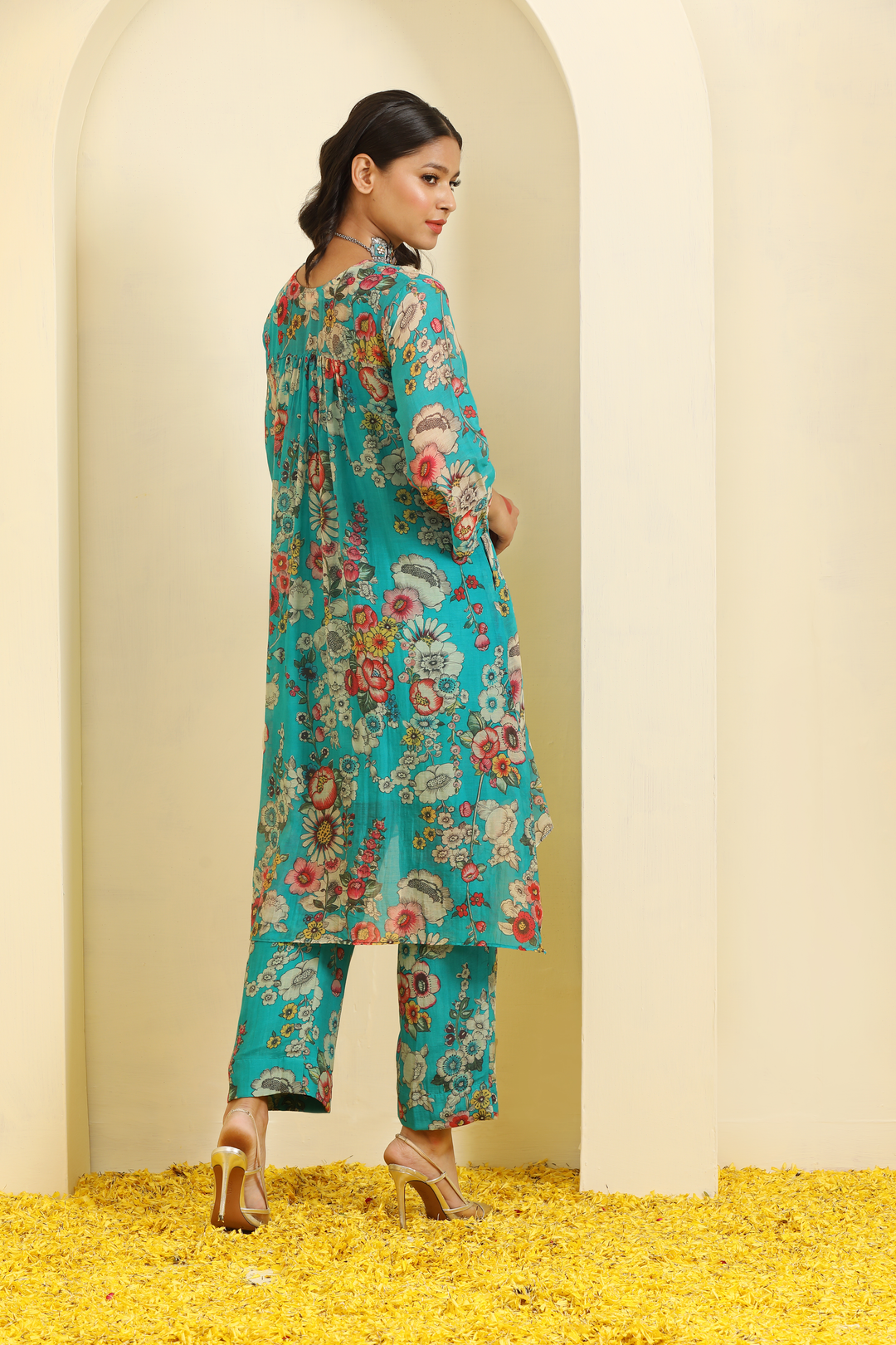 Turquoise Printed Hand Embroidered Chanderi Coord Set - Set of 3