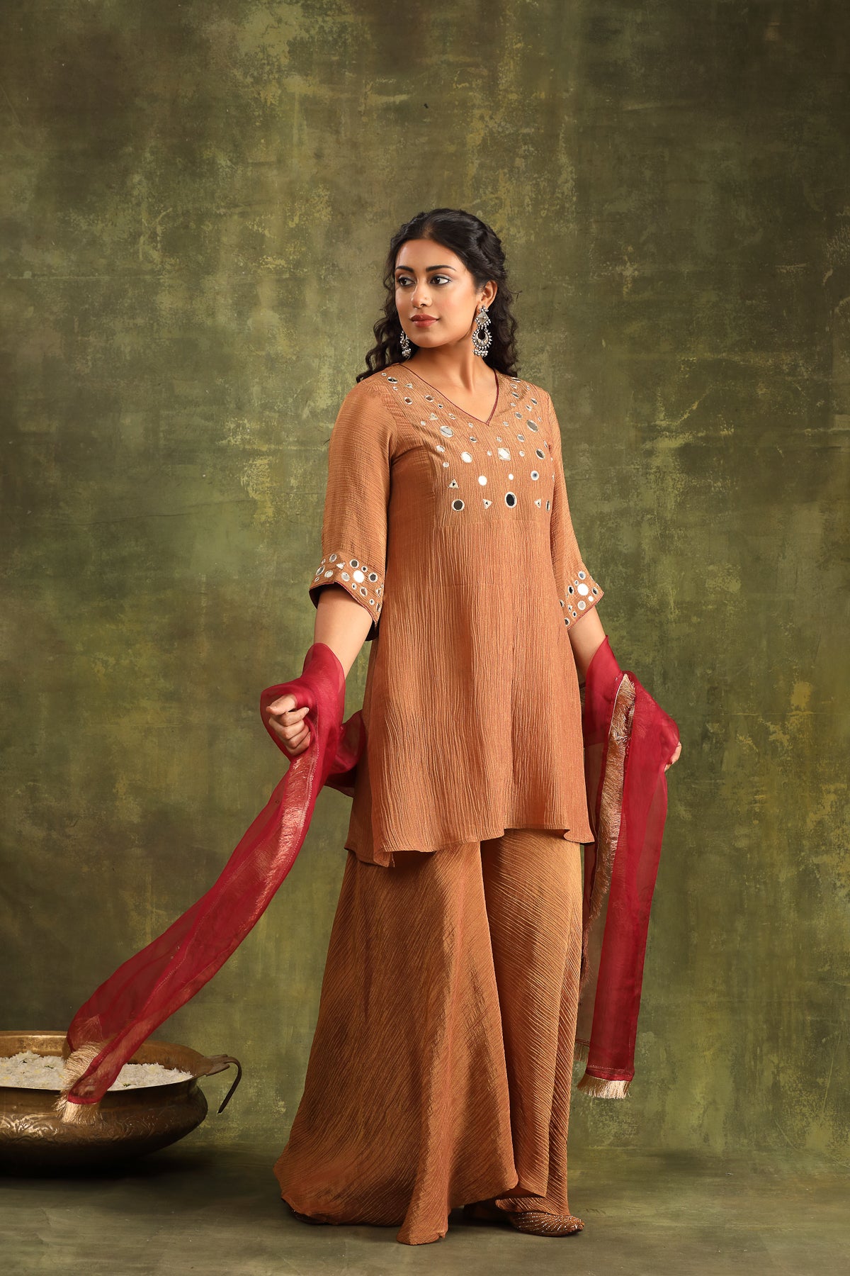 Rust Brown Crushed Tissue Mirror work Sharara Set