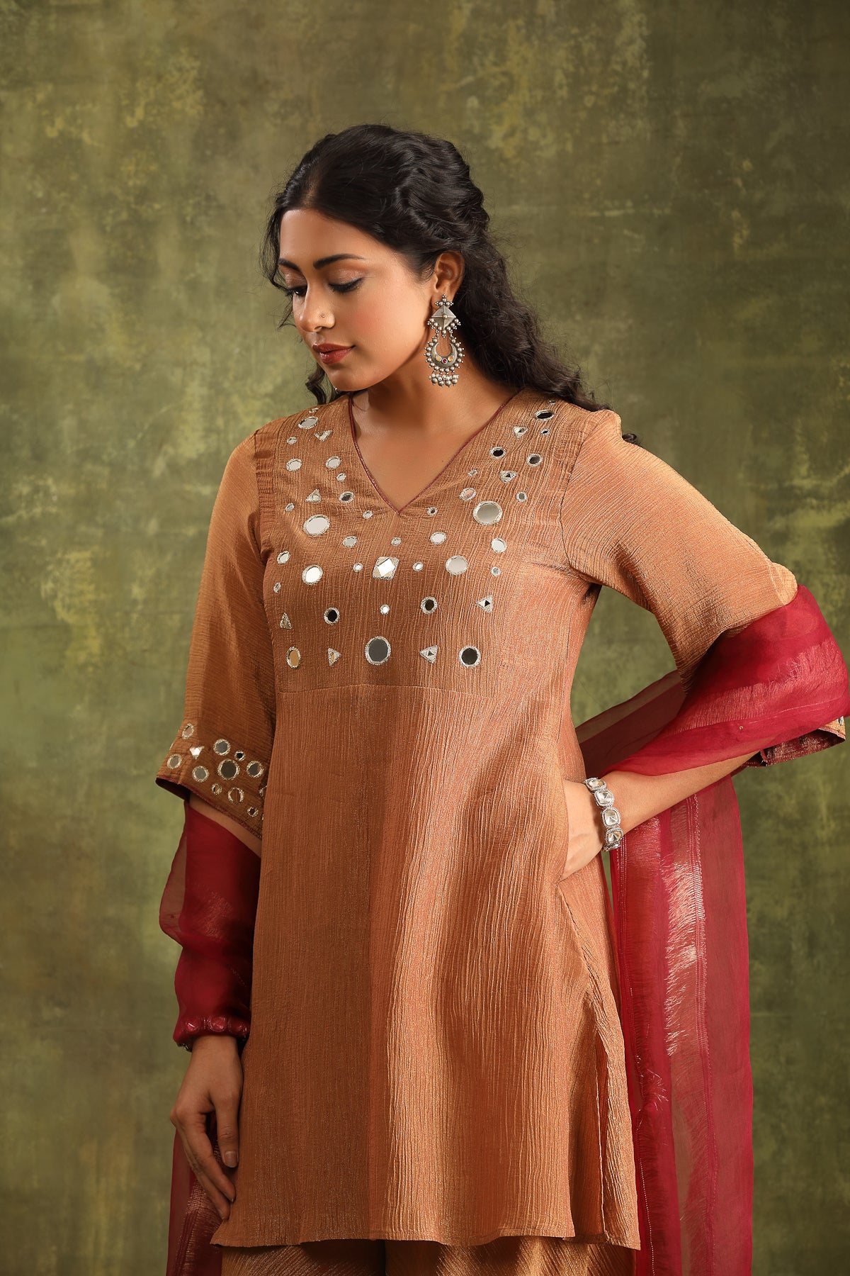 Rust Brown Crushed Tissue Mirror work Sharara Set