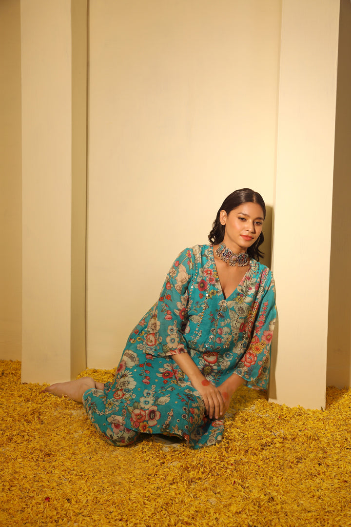 Turquoise Printed Hand Embroidered Chanderi Coord Set - Set of 3