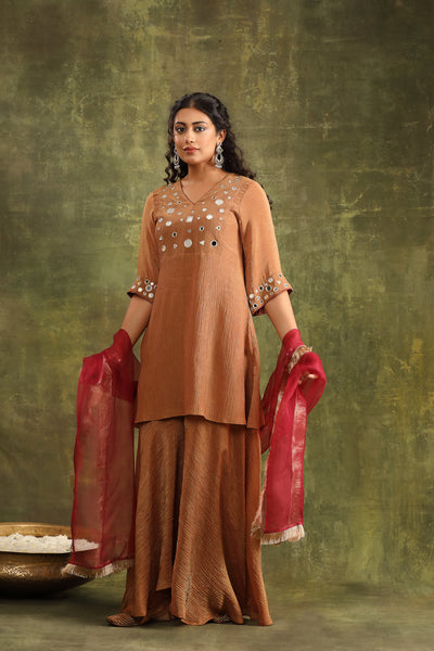 Rust Brown Crushed Tissue Mirror work Sharara Set