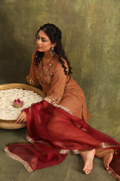 Rust Brown Crushed Tissue Mirror work Sharara Set