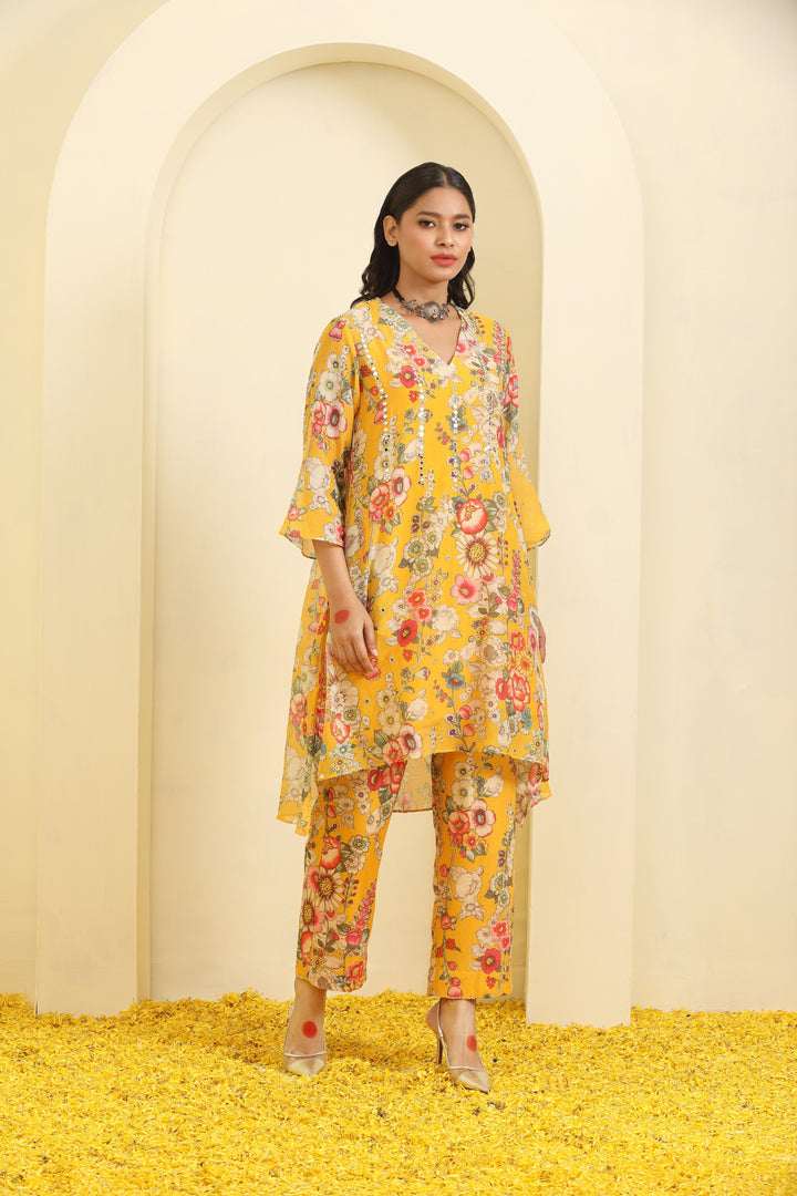 Mustard Printed Hand Embroidered Chanderi Coord Set - Set of 3