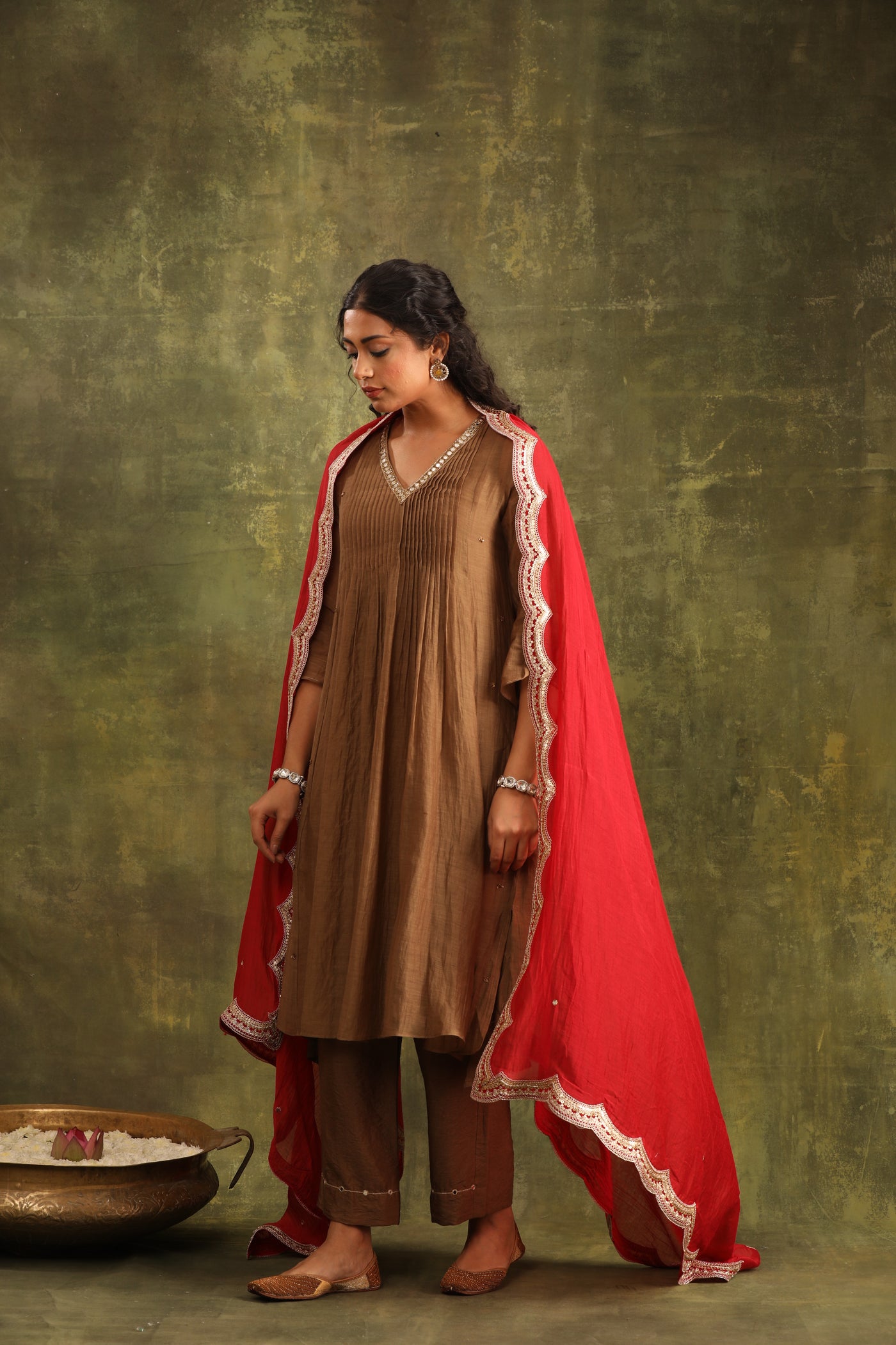 Brown Hand Embroidered Silk Chanderi Suit Set