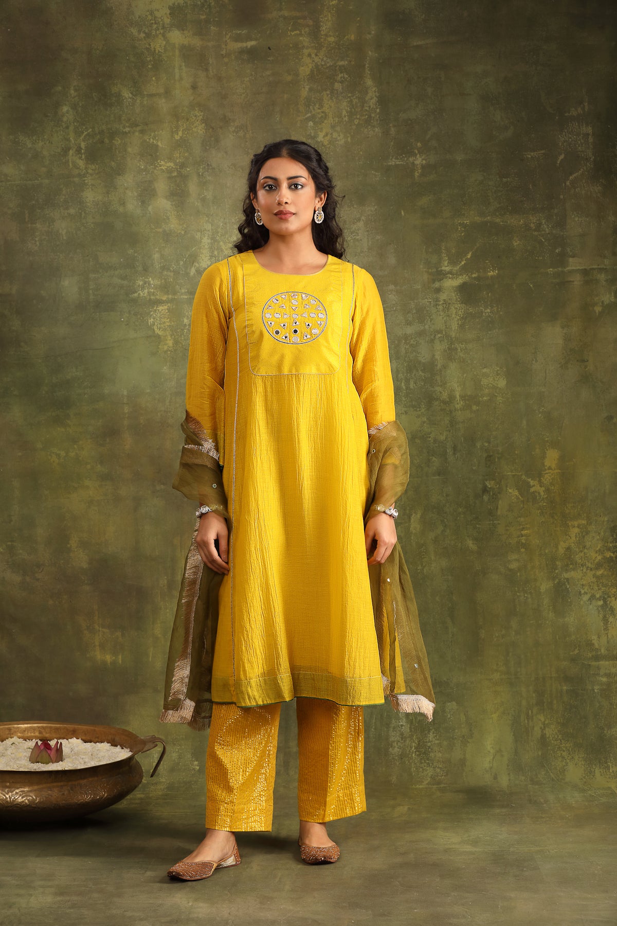 Yellow Mirror Work Chanderi Suit Set