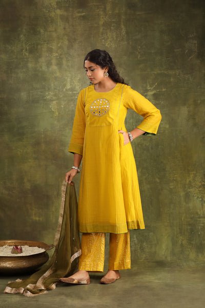 Yellow Mirror Work Chanderi Suit Set