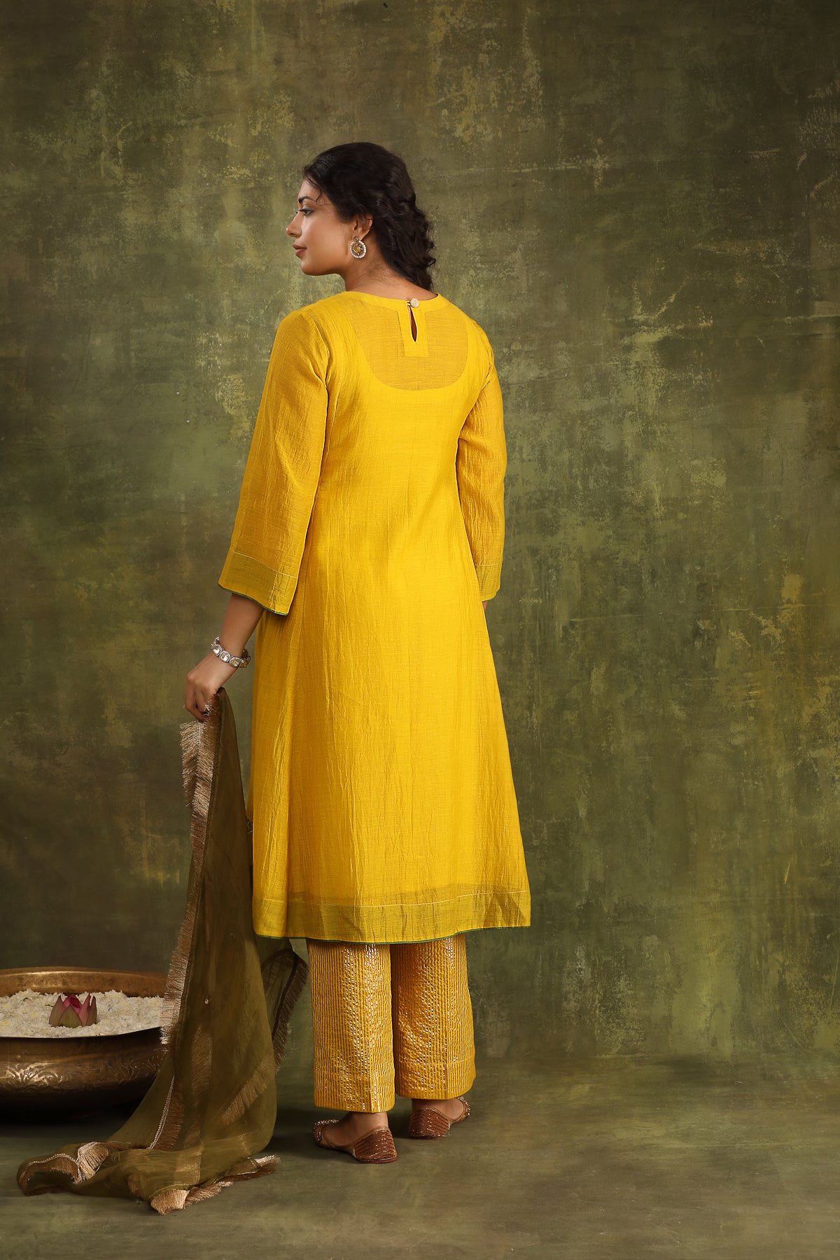 Yellow Mirror Work Chanderi Suit Set