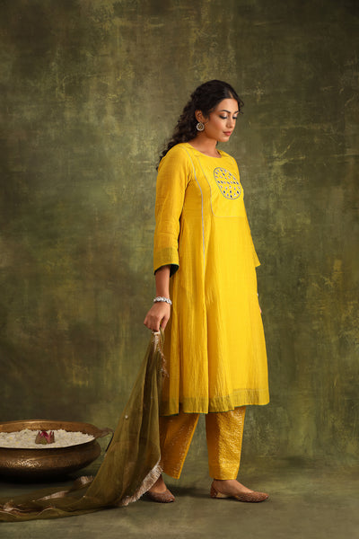 Yellow Mirror Work Chanderi Suit Set