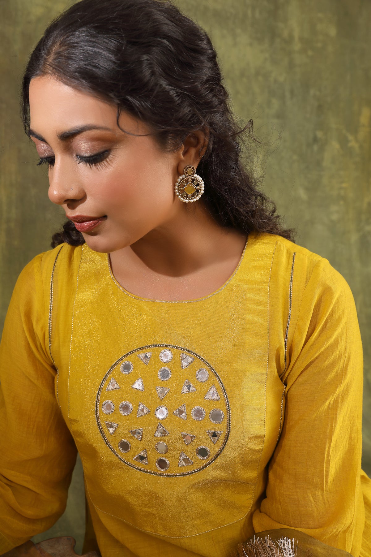 Yellow Mirror Work Chanderi Suit Set