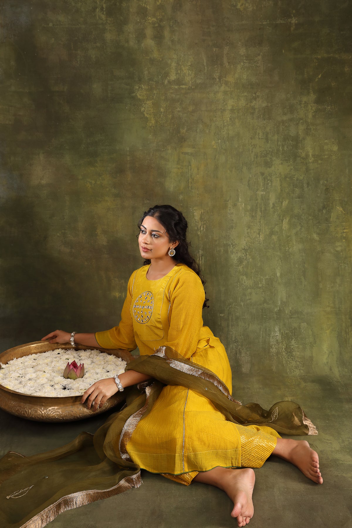 Yellow Mirror Work Chanderi Suit Set