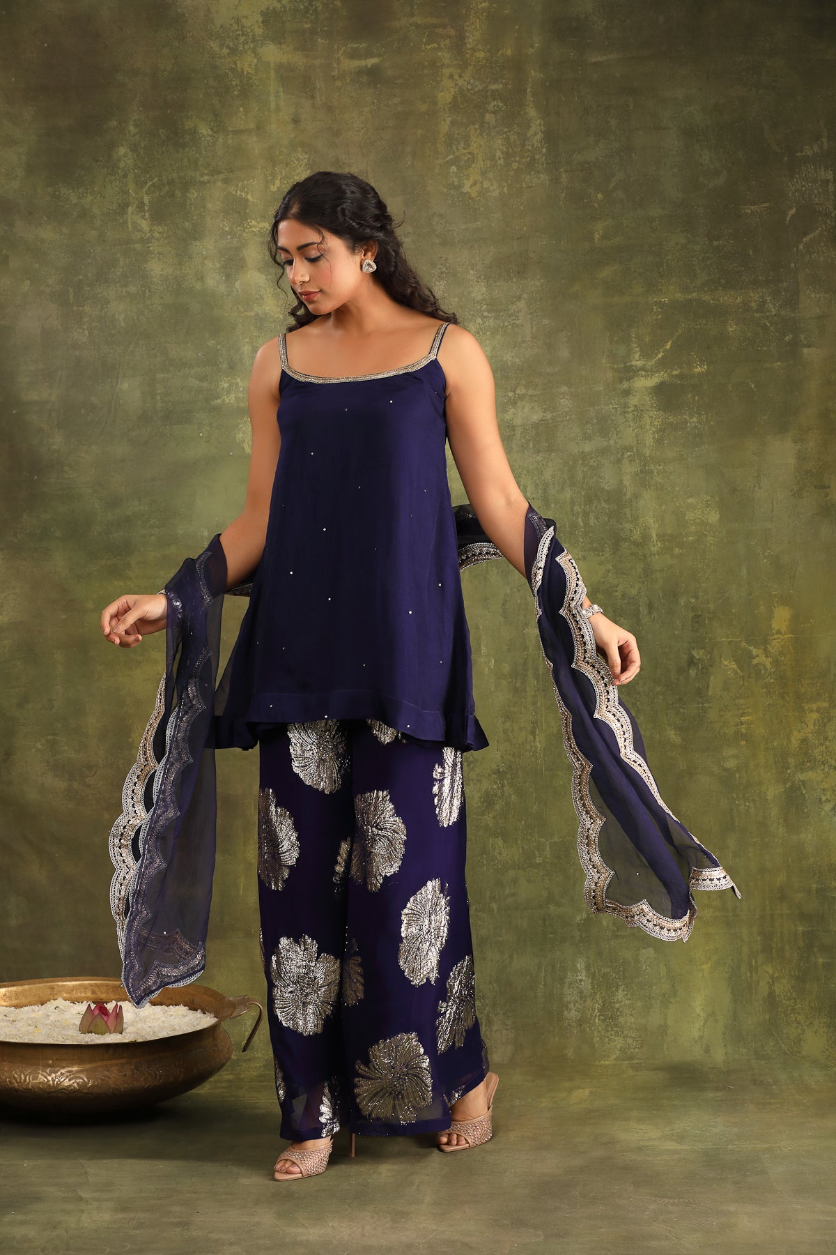 Dark Blue Hand Embroidered Organza Sharara Set