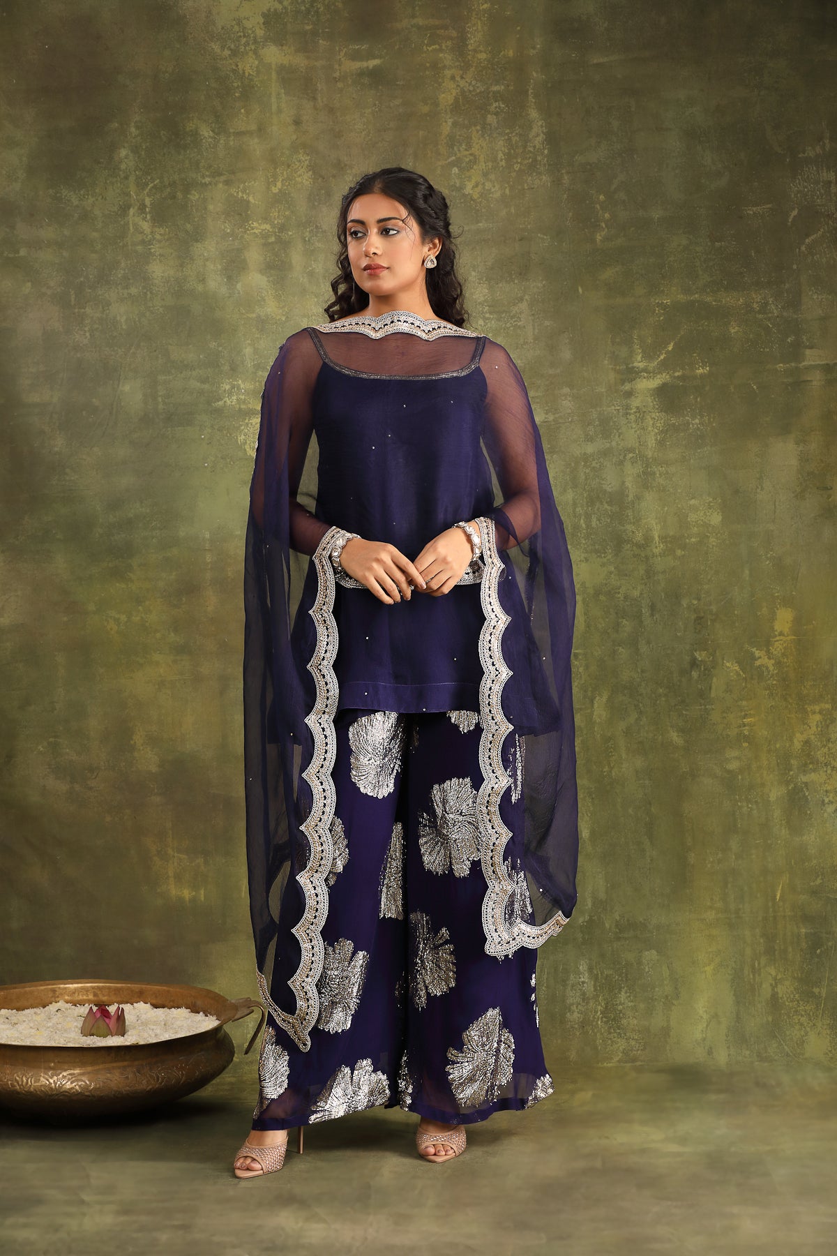 Dark Blue Hand Embroidered Organza Sharara Set