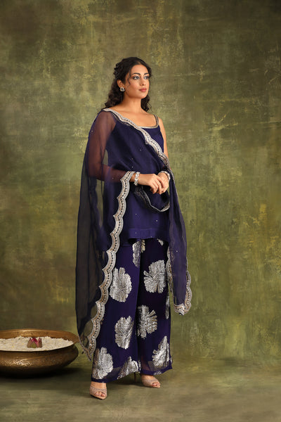 Dark Blue Hand Embroidered Organza Sharara Set