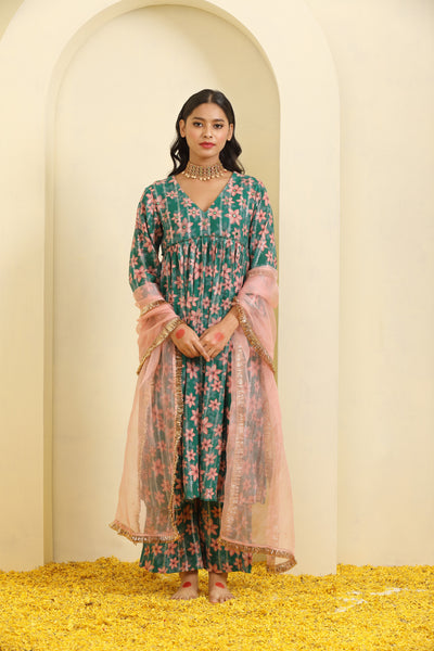 Parrot Pink Green Printed Mirror Work Cotton Suit Set