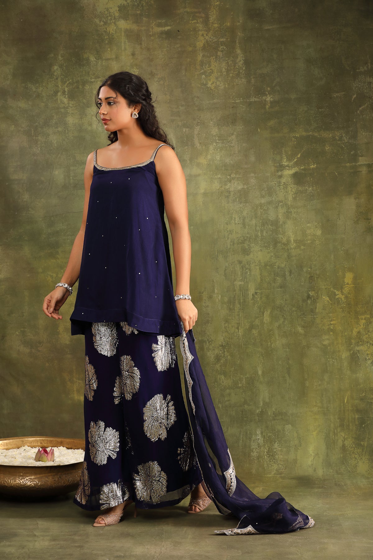 Dark Blue Hand Embroidered Organza Sharara Set