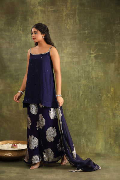 Dark Blue Hand Embroidered Organza Sharara Set