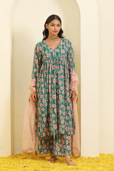 Parrot Pink Green Printed Mirror Work Cotton Suit Set