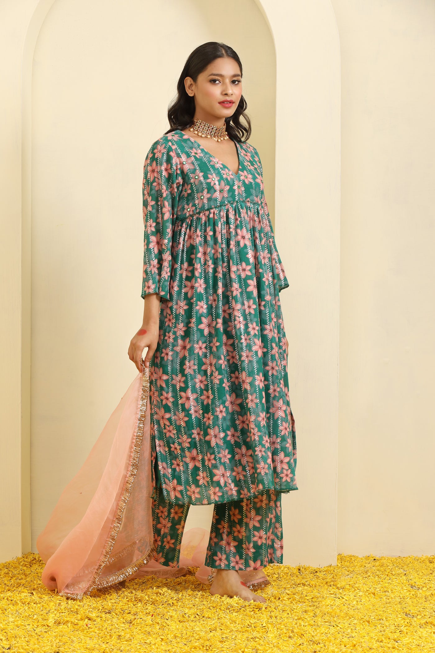 Parrot Pink Green Printed Mirror Work Cotton Suit Set