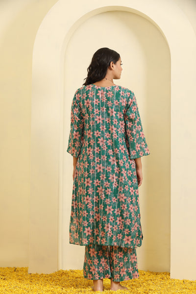 Parrot Pink Green Printed Mirror Work Cotton Suit Set