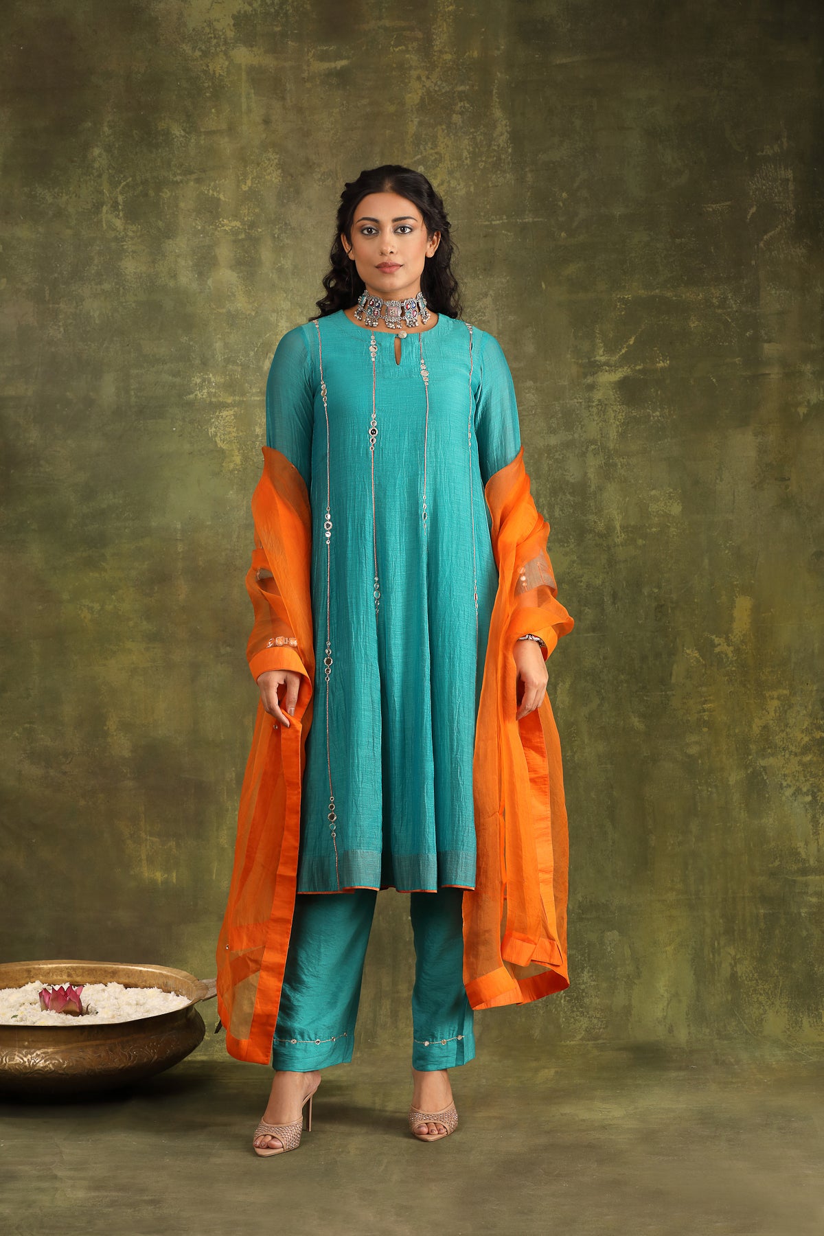 Turquoise Hand Embroidered Mirror work Silk Chanderi Suit Set