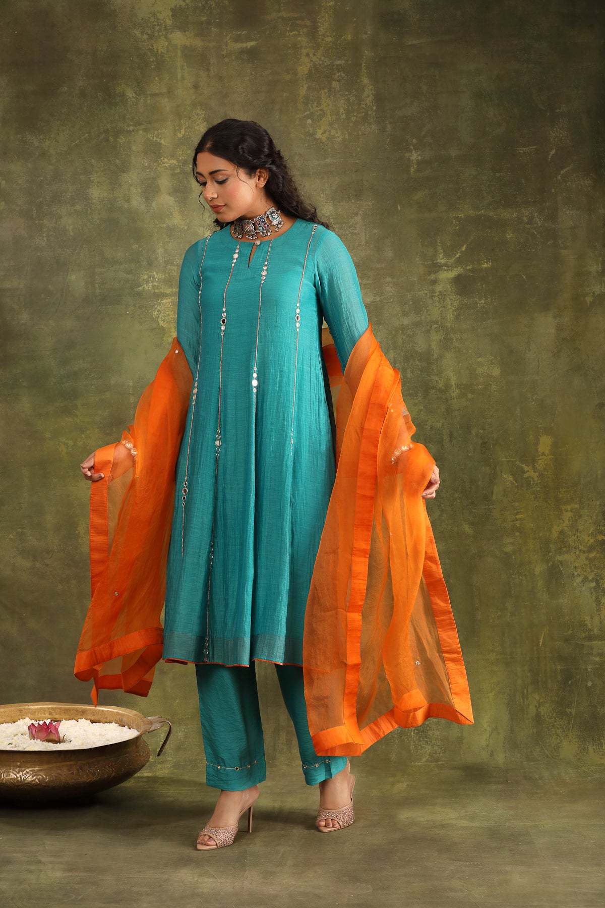 Turquoise Hand Embroidered Mirror work Silk Chanderi Suit Set