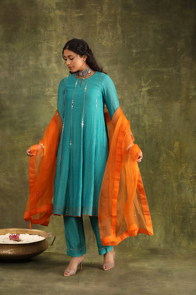 Turquoise Hand Embroidered Mirror work Silk Chanderi Suit Set