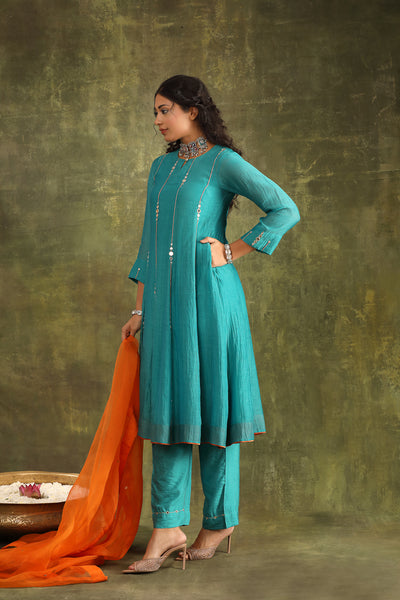 Turquoise Hand Embroidered Mirror work Silk Chanderi Suit Set