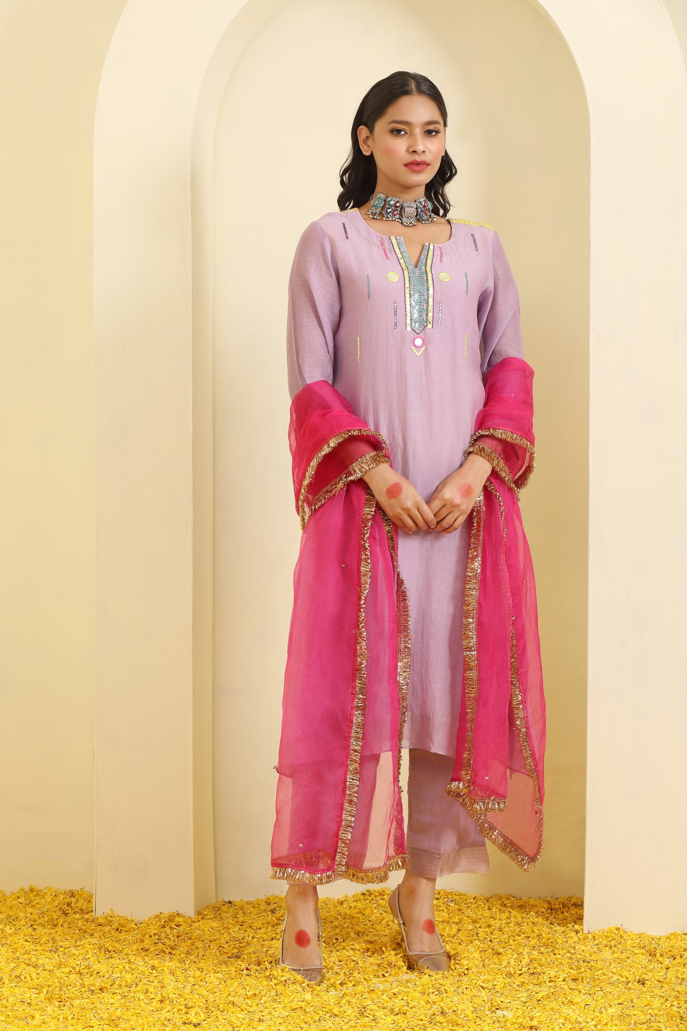 Mauve Mirror Work Chanderi Suit Set - Set of 3