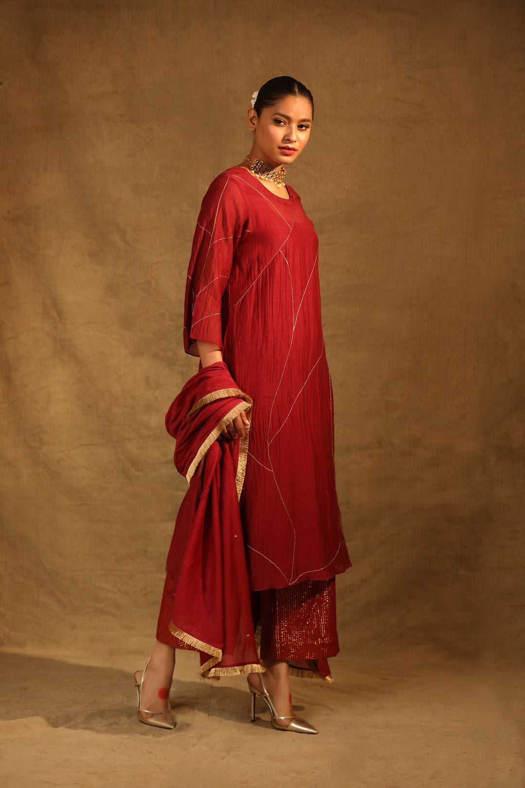 Maroon Hand Embroidered Chanderi Suit Set - Set of 3