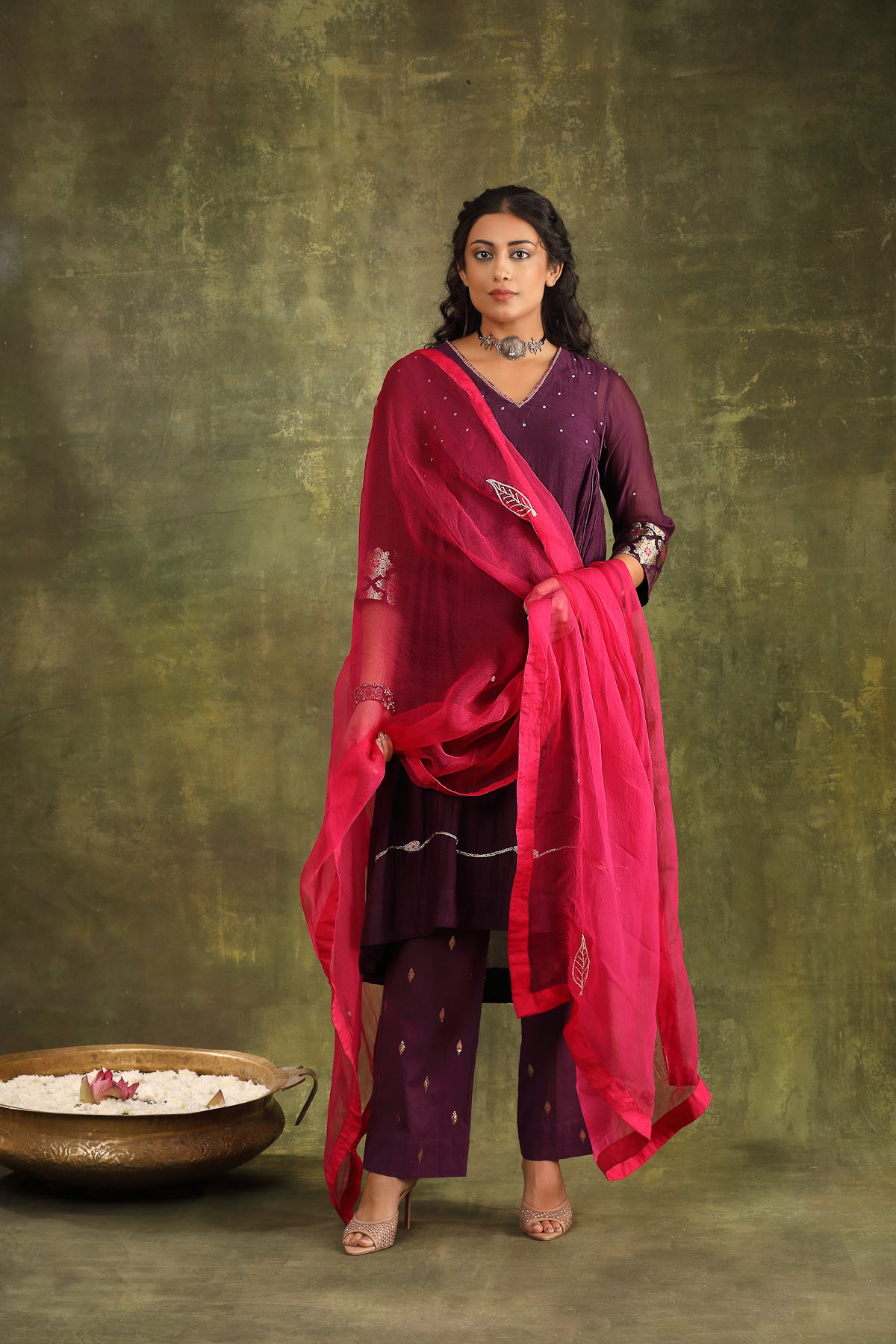 Purple Abstract Hand Embroidered Silk Chanderi Suit Set