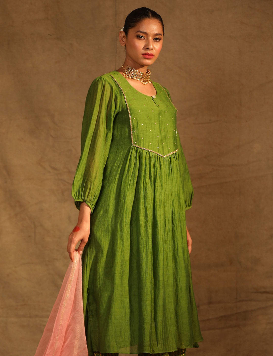 Olive Hand Embroidered Chanderi Suit Set - Set of 3