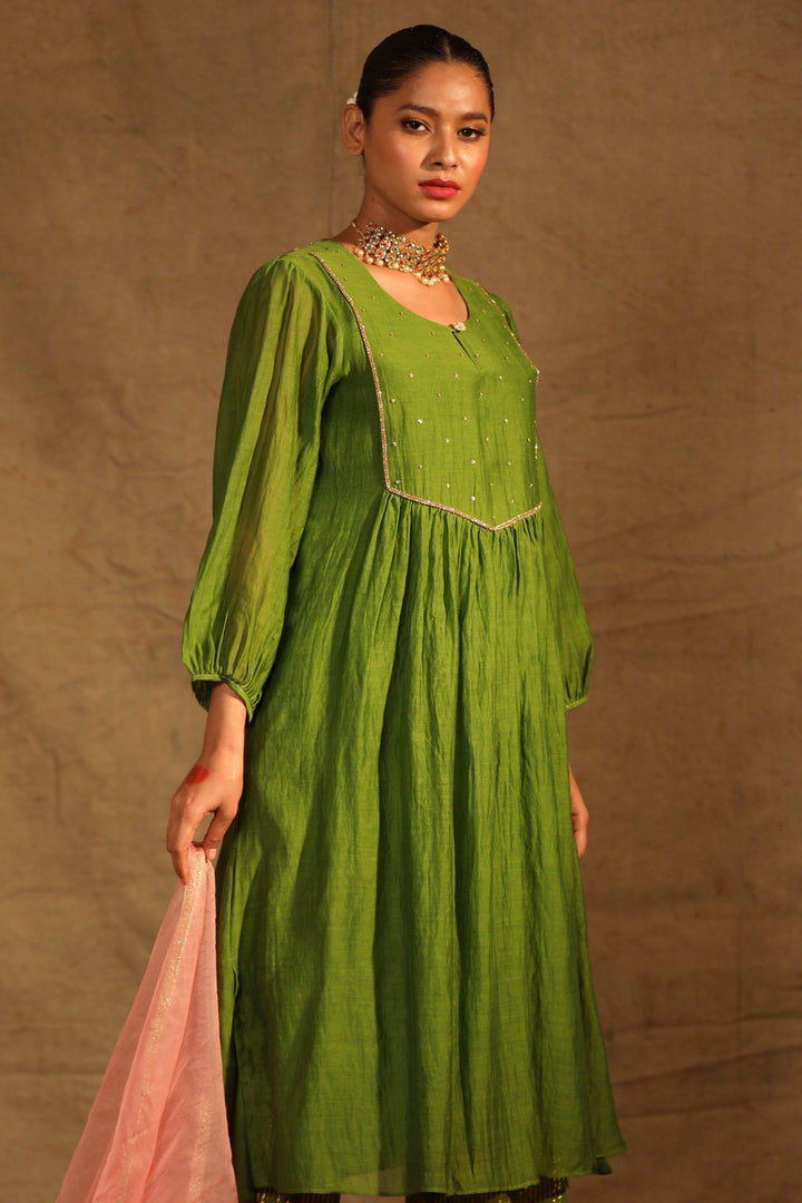 Olive Hand Embroidered Chanderi Suit Set - Set of 3