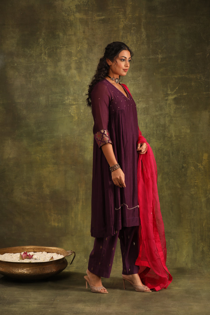 Magenta Pink Green Hand Embroidered Silk Chanderi Suit Set