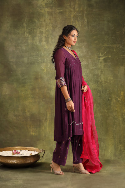 Purple Abstract Hand Embroidered Silk Chanderi Suit Set