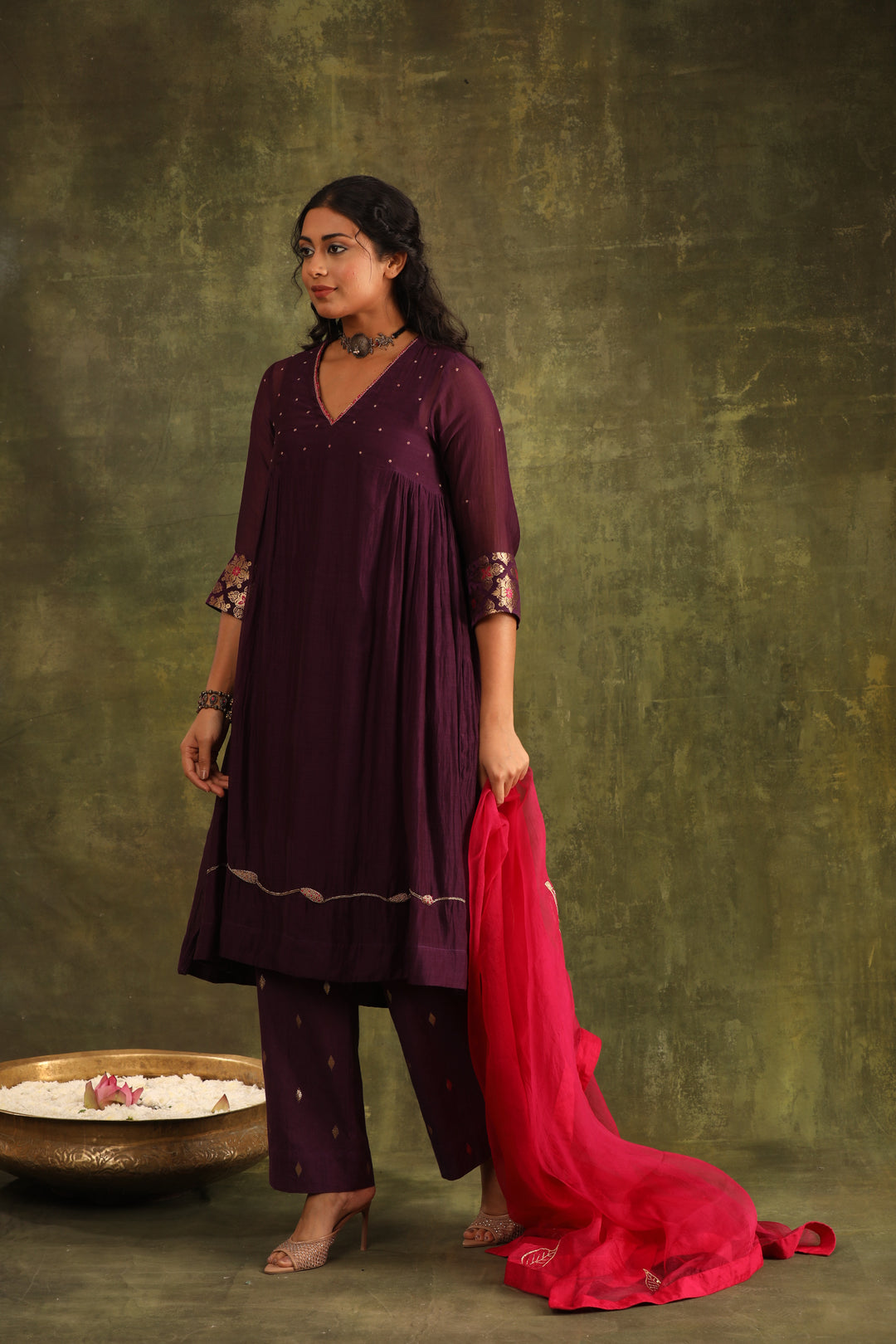 Magenta Pink Green Hand Embroidered Silk Chanderi Suit Set