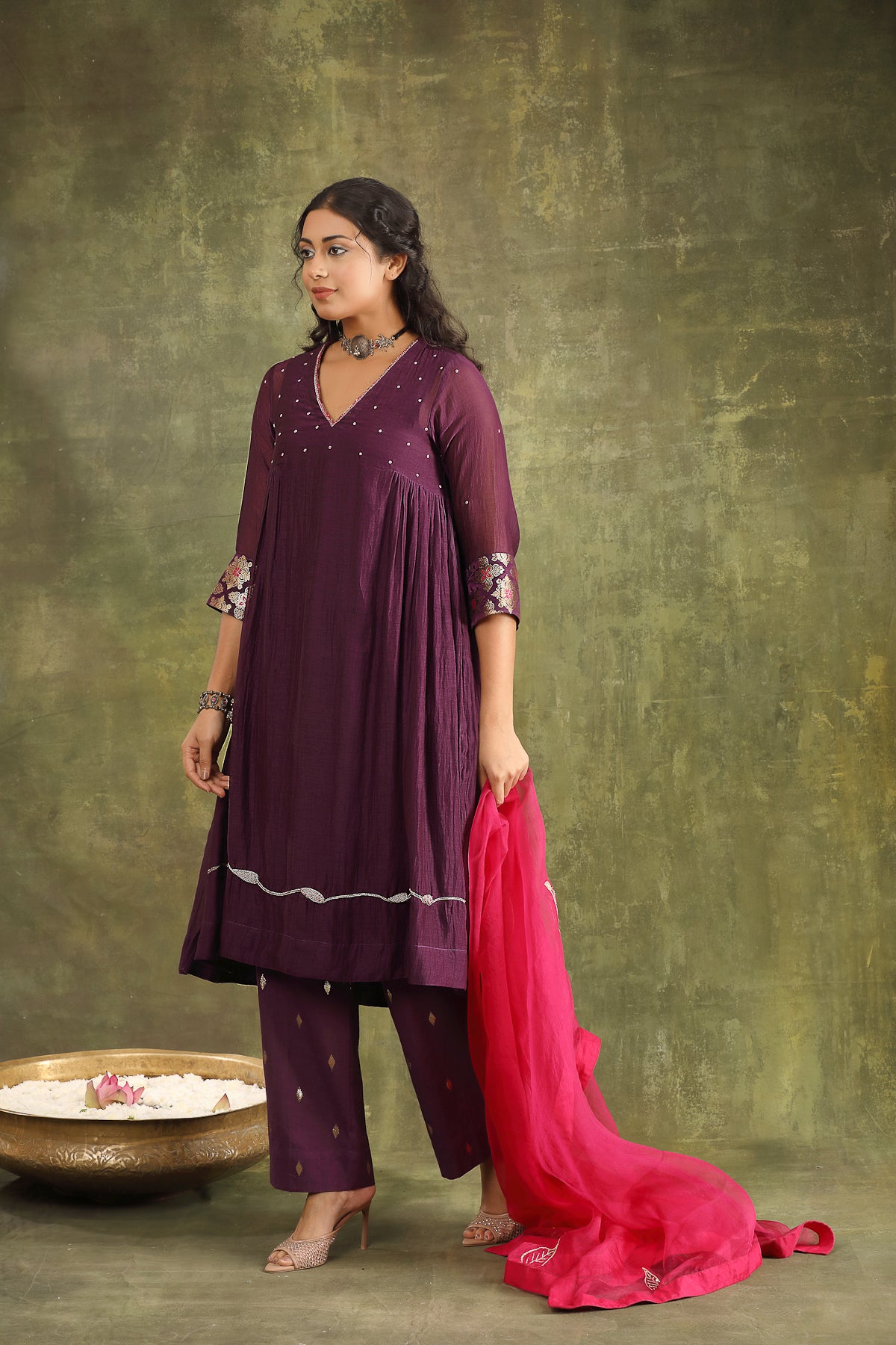 Purple Abstract Hand Embroidered Silk Chanderi Suit Set