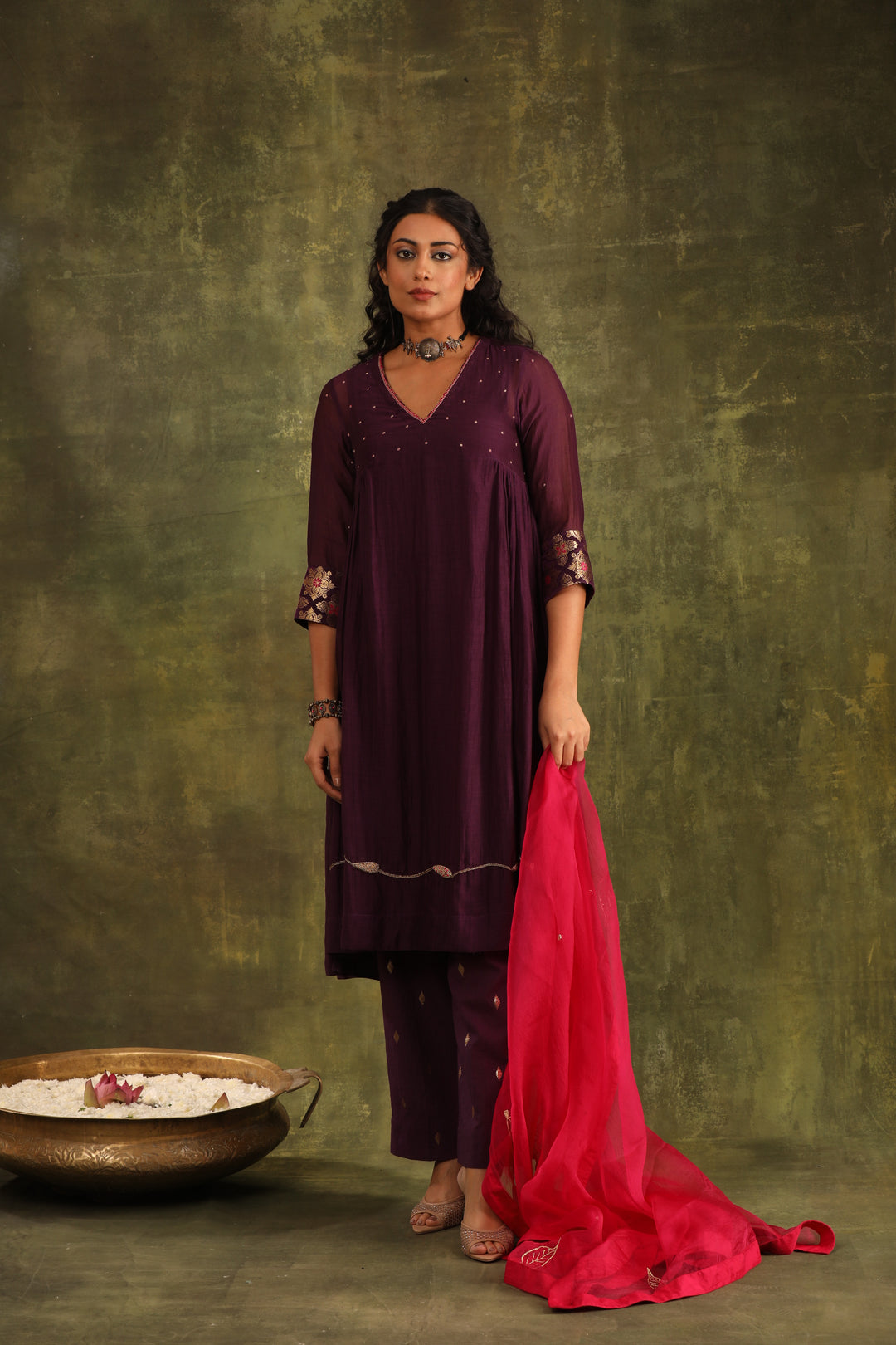 Magenta Pink Green Hand Embroidered Silk Chanderi Suit Set