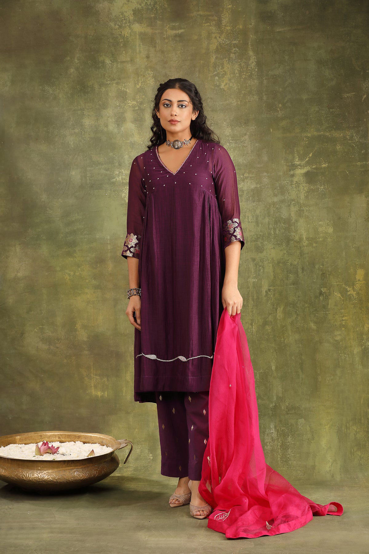 Purple Abstract Hand Embroidered Silk Chanderi Suit Set