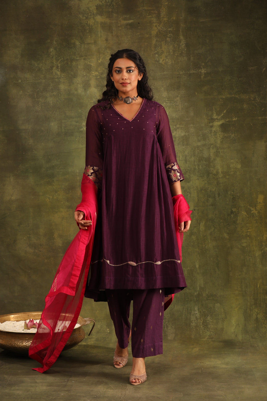 Magenta Pink Green Hand Embroidered Silk Chanderi Suit Set