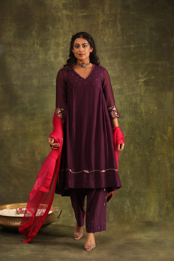 Magenta Pink Green Hand Embroidered Silk Chanderi Suit Set