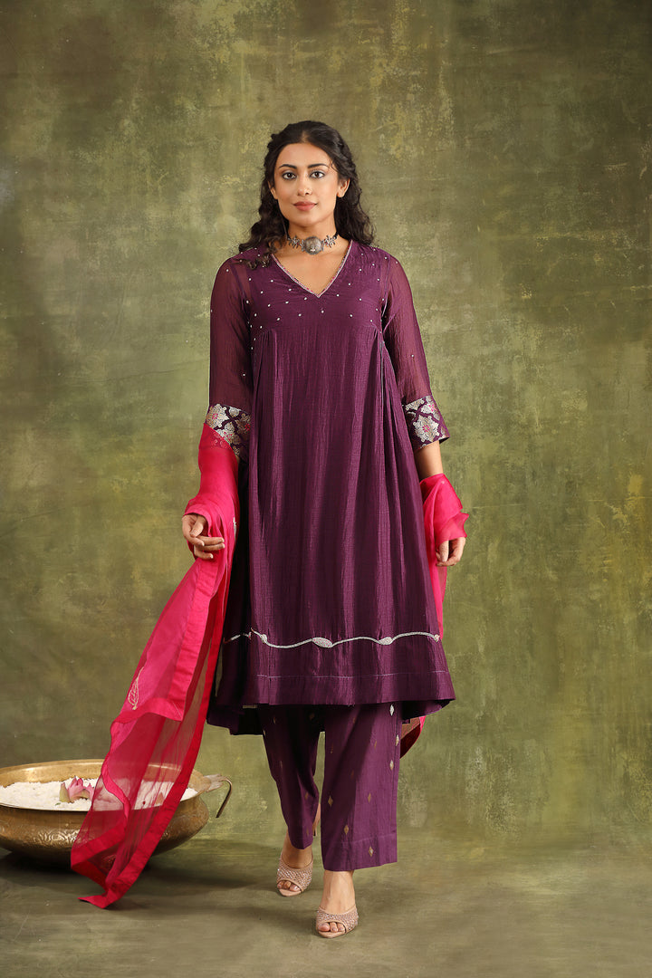 Purple Abstract Hand Embroidered Silk Chanderi Suit Set