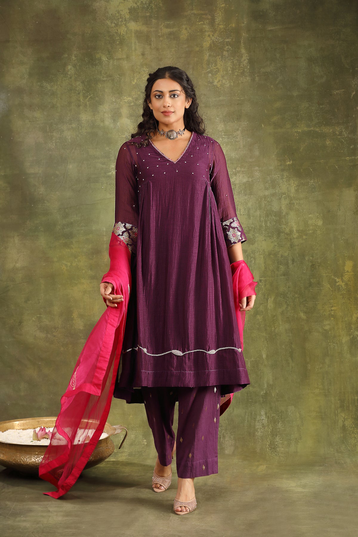 Purple Abstract Hand Embroidered Silk Chanderi Suit Set