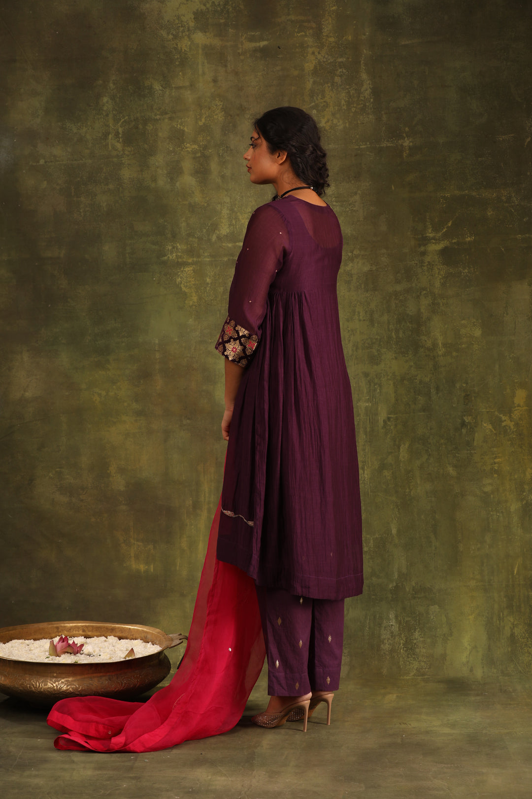 Magenta Pink Green Hand Embroidered Silk Chanderi Suit Set