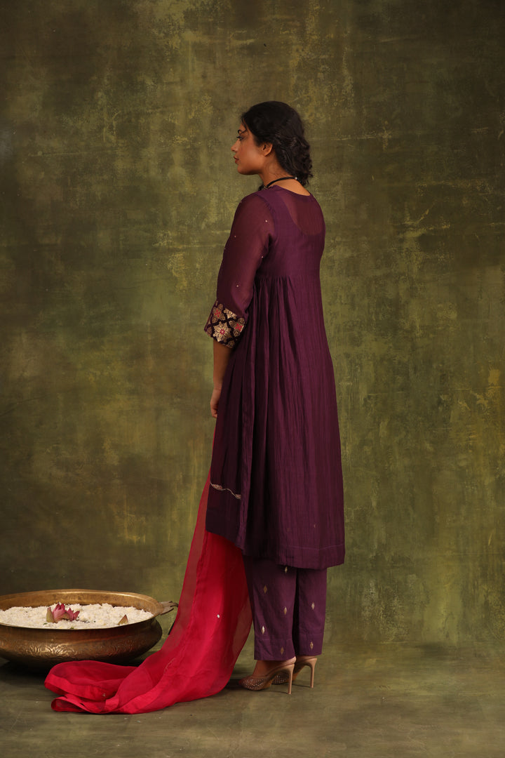 Magenta Pink Green Hand Embroidered Silk Chanderi Suit Set